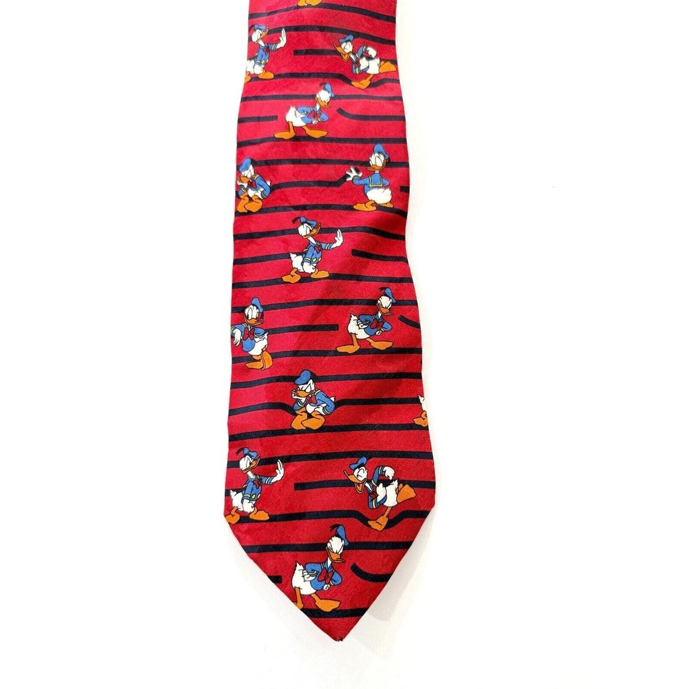 Vintage The Disney Store Red Donald Duck Striped Silk Tie Italy Men's
